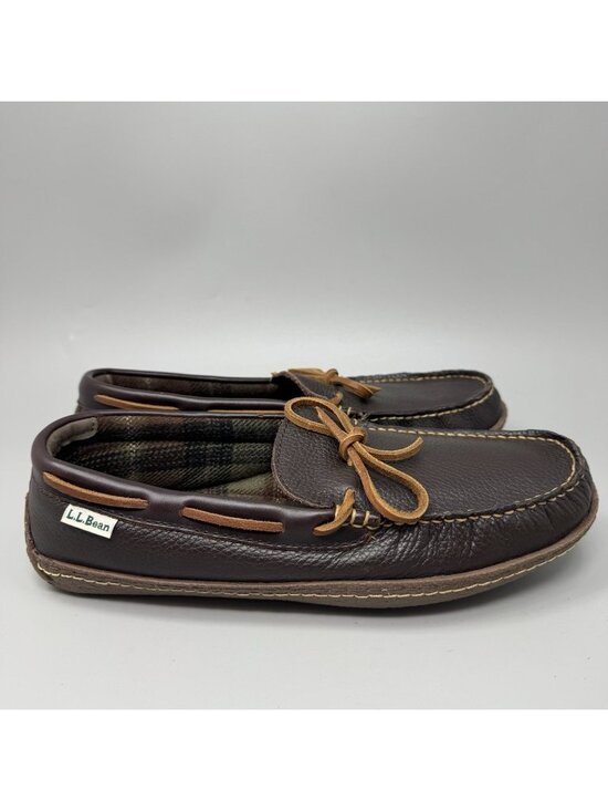 Men LL Bean Men\'s Brown Leather Flannel-Lined Handsewn Slippers Size 10 M